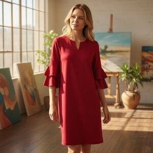 J. McLaughlin Red Dress Ruffle Sleeve‎ Women's Size L